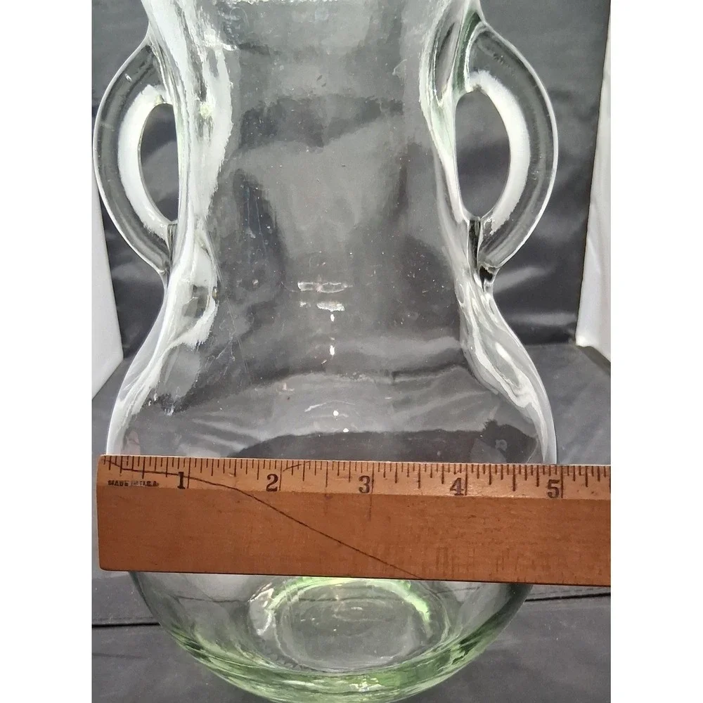 Vintage Hand Blown Clear Glass Amphora Vase Two Handles 10 Inch Rustic Decor
